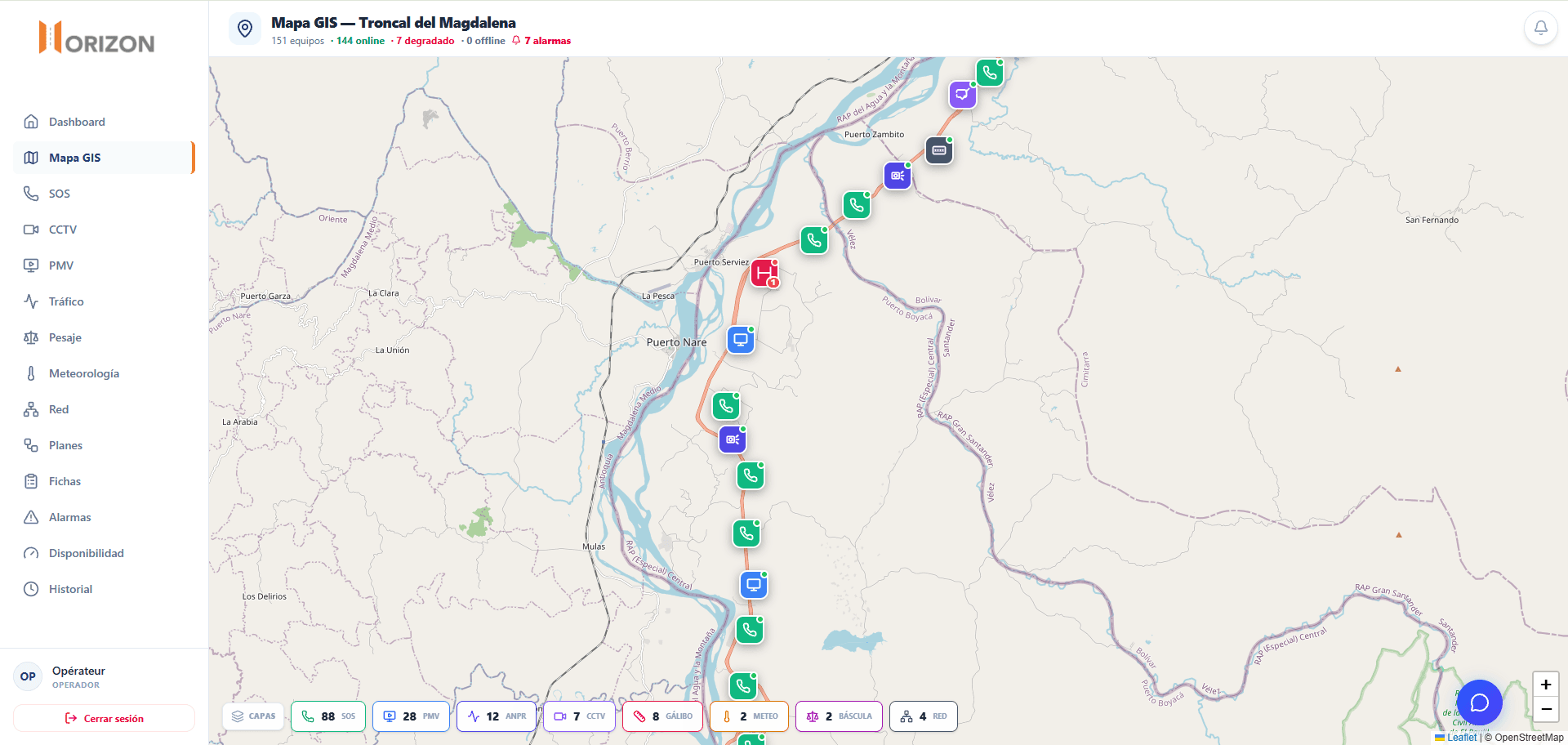 Horizon — mapa GIS del corredor: postes SOS, PMV, ANPR, CCTV, gálibos, meteorología, básculas y red sobre el trazado